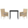 Beige 3-tlg. vidaXL Garten Essgruppe aus Poly Rattan mit Tisch und 2 Stühlen mit Kissen.