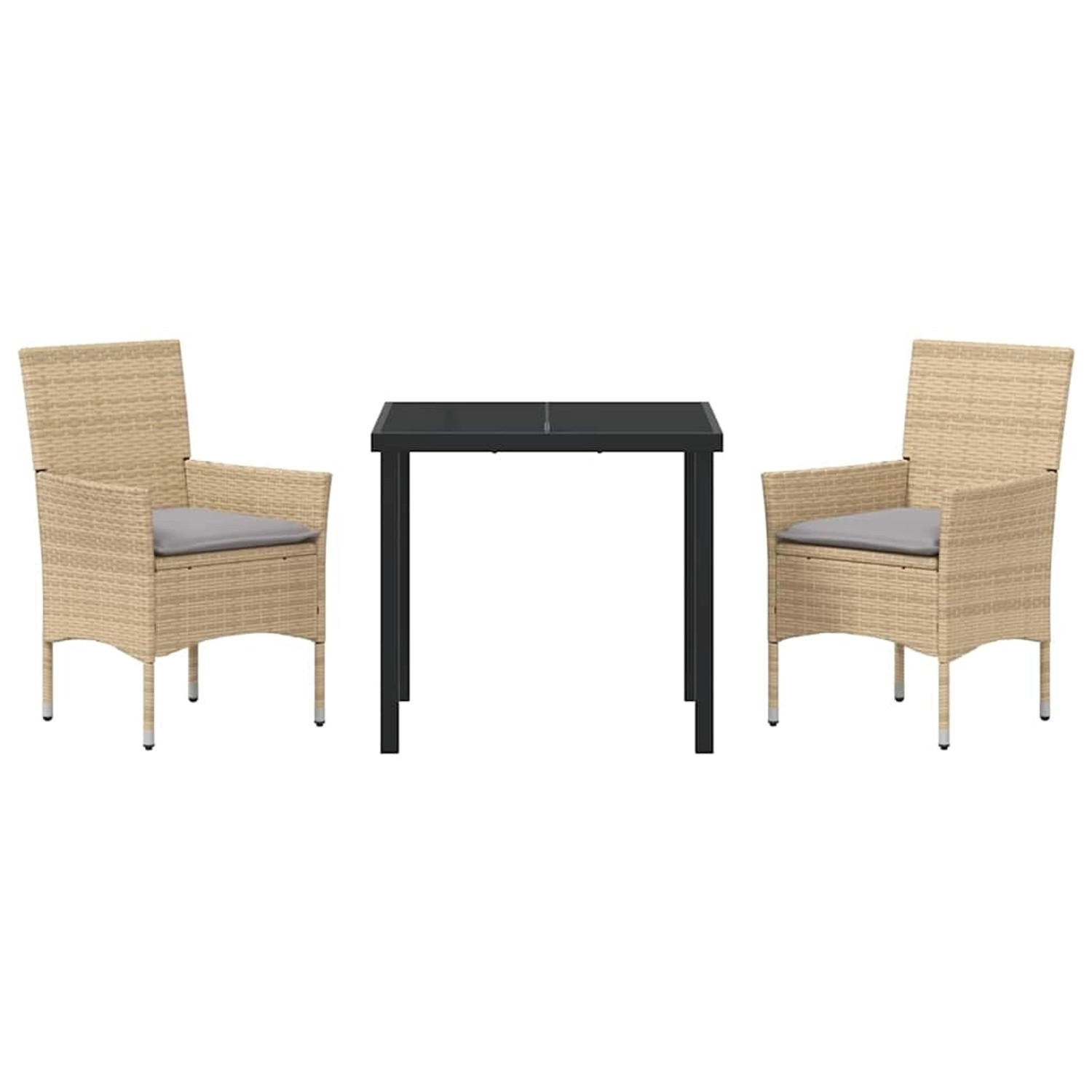 Beige 3-tlg. vidaXL Garten Essgruppe aus Poly Rattan mit Tisch und 2 Stühlen mit Kissen.