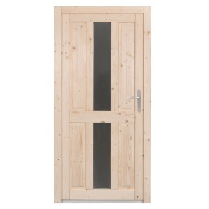Panto Nebeneingangstür NET 506 Natur, Holz mit Lichtausschnitt und silberner Türklinke.