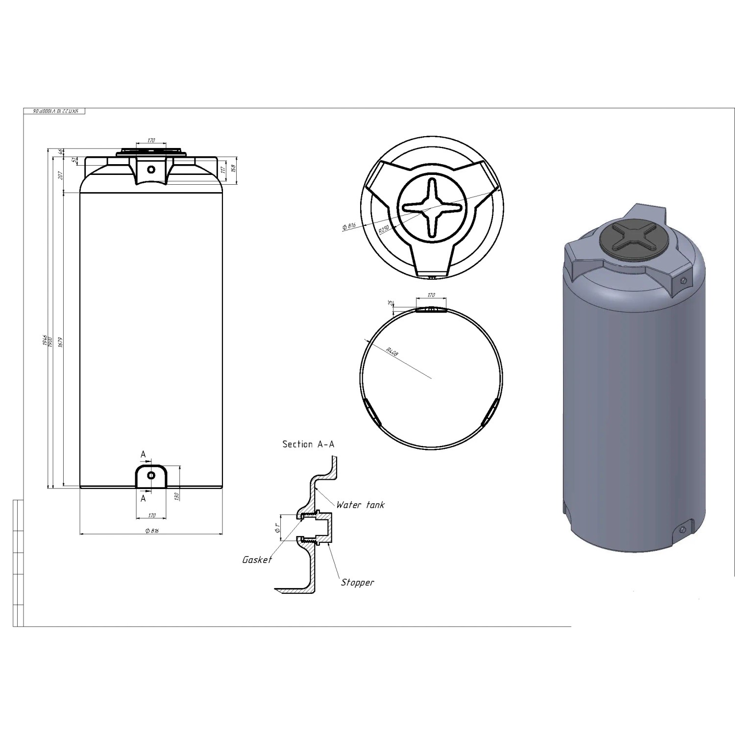 Techn. Zeichnung KMND 1000L Trinkwasser Wassertank, zylindrisch, grau, mit Maßen und Details.
