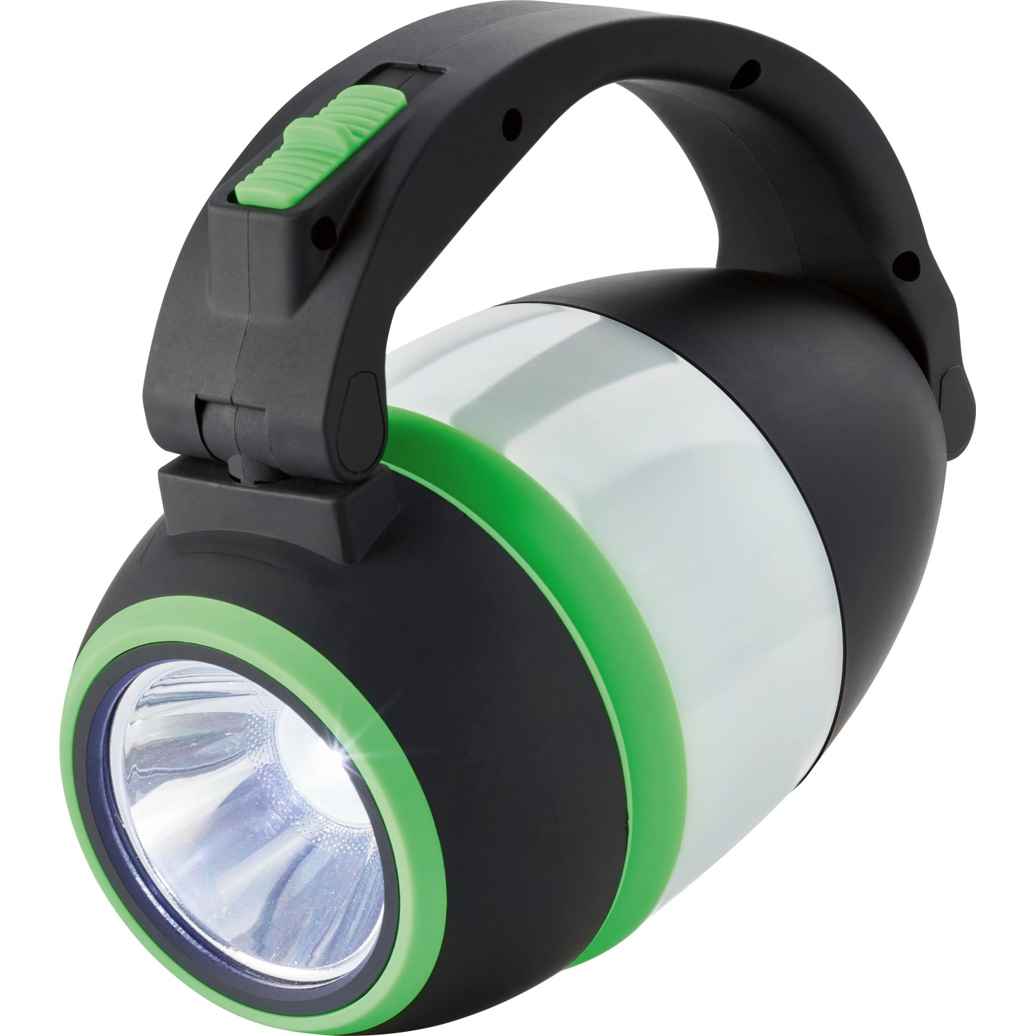 Schwarze Handtaschenlampe LED mit Tragegriff und grünen Akzenten.