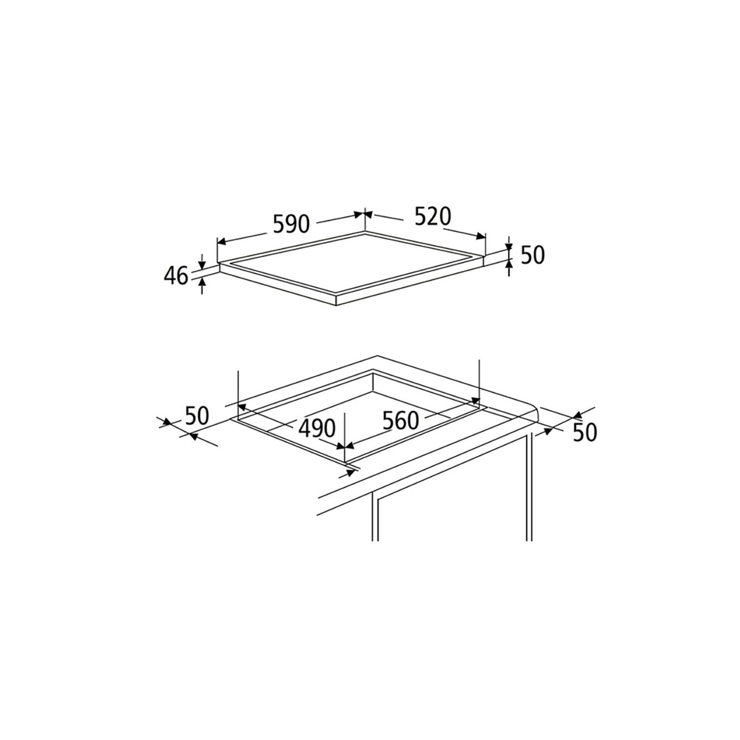 Skizze des Glaskeramikkochfelds für Optifit Winkelküche Optikonzept Arvid 270 cm mit Maßangaben.