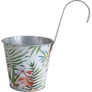 Metalltopf Flamingo mit Aufhänger für Gartenzaun oder Balkon, Gartendekoration.
