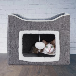 Graue Relaxdays Katzenhöhle aus Baumwolle, Polyester und MDF mit Katze, 32x40x40cm.