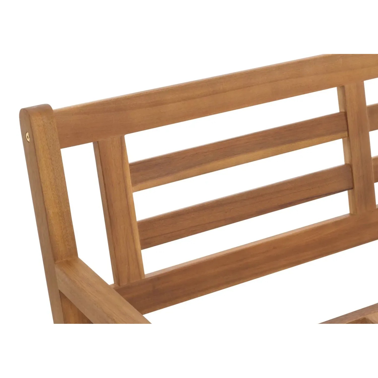 Detailansicht der Rückenlehne der MCW Gartenbank N47 aus geöltem Akazienholz.