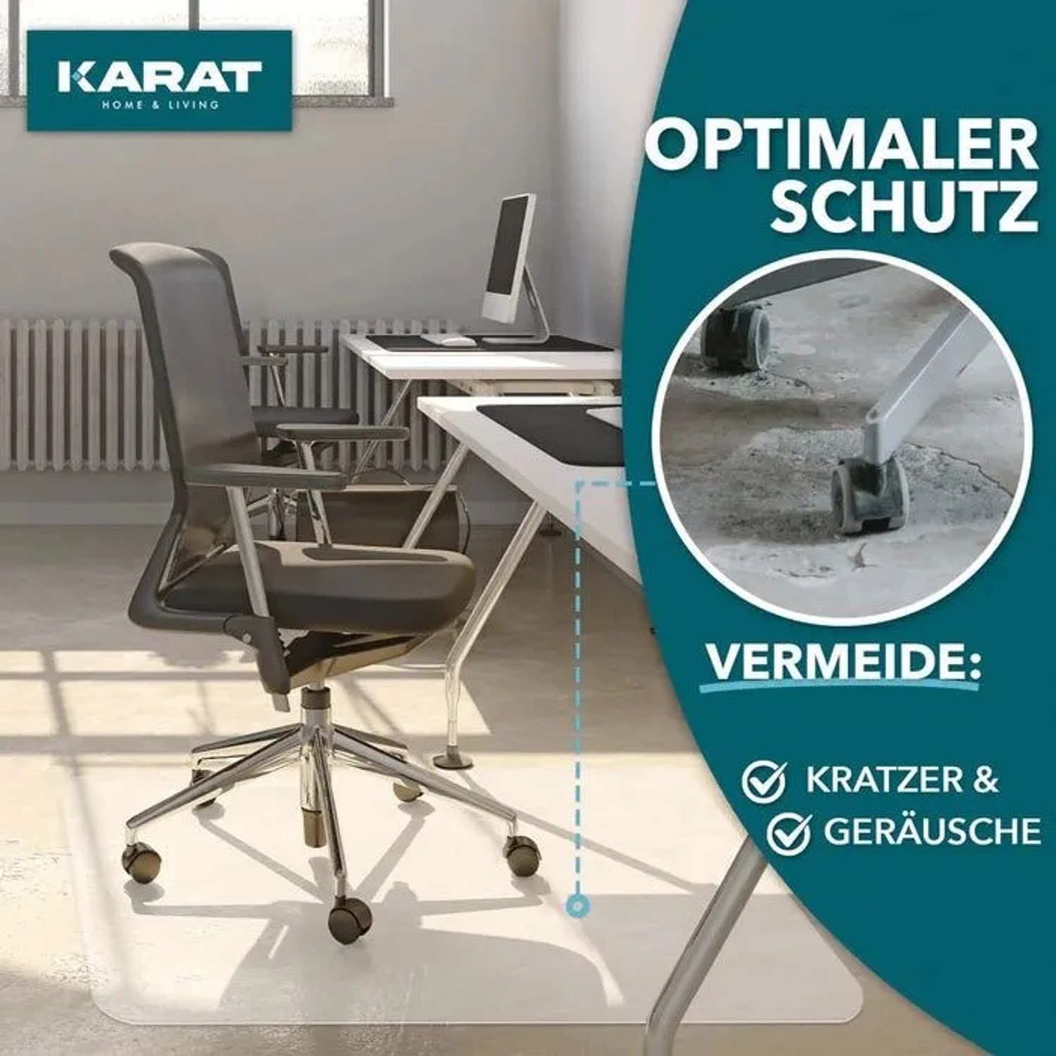 Transparente Bodenschutzmatte aus Polycarbonat unter Bürostuhl auf Hartboden.