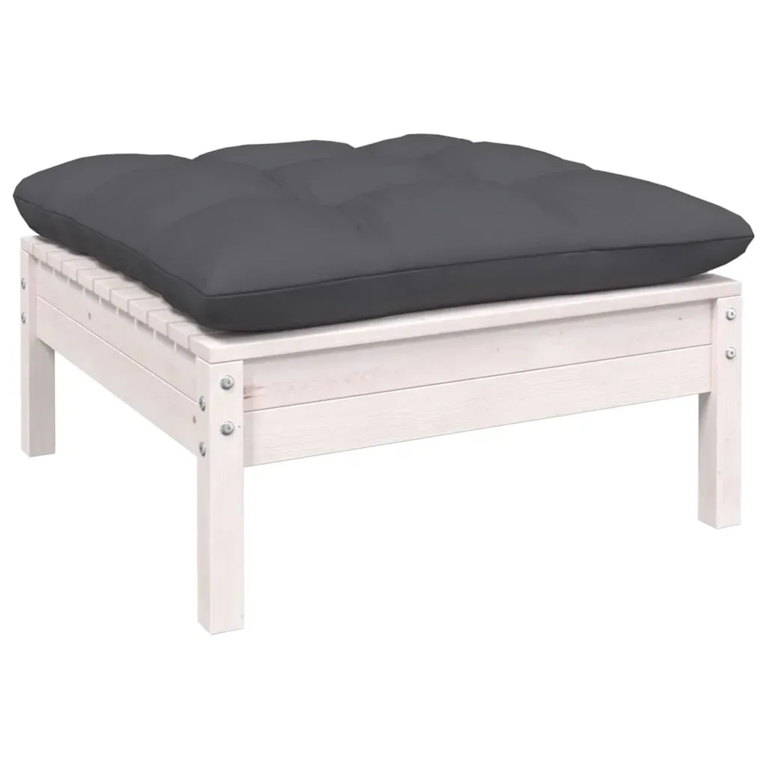 Weißer Gartenhocker aus Kiefernholz mit anthrazitfarbenem Kissen, Teil eines Lounge-Sets.