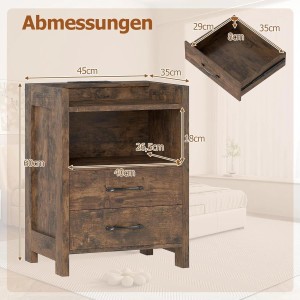 Costway Nachttisch mit Led-Lichtern & Ladestation 2 Schubladen Braun