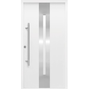 Weiße Sicherheits-Haustür ThermoSpace Prime Dublin RC2 mit Edelstahlgriff und satiniertem Glaseinsatz.