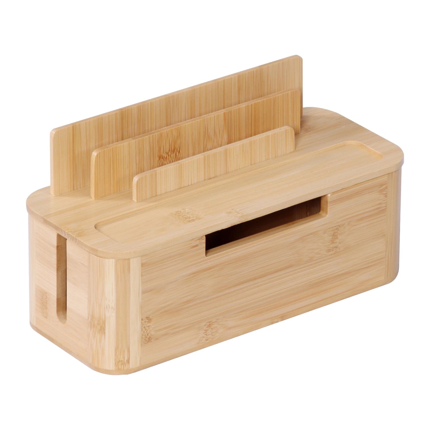 Relaxdays Kabelbox Bambus Natur mit Handyhalter 16 cm x 30 cm x 13 cm