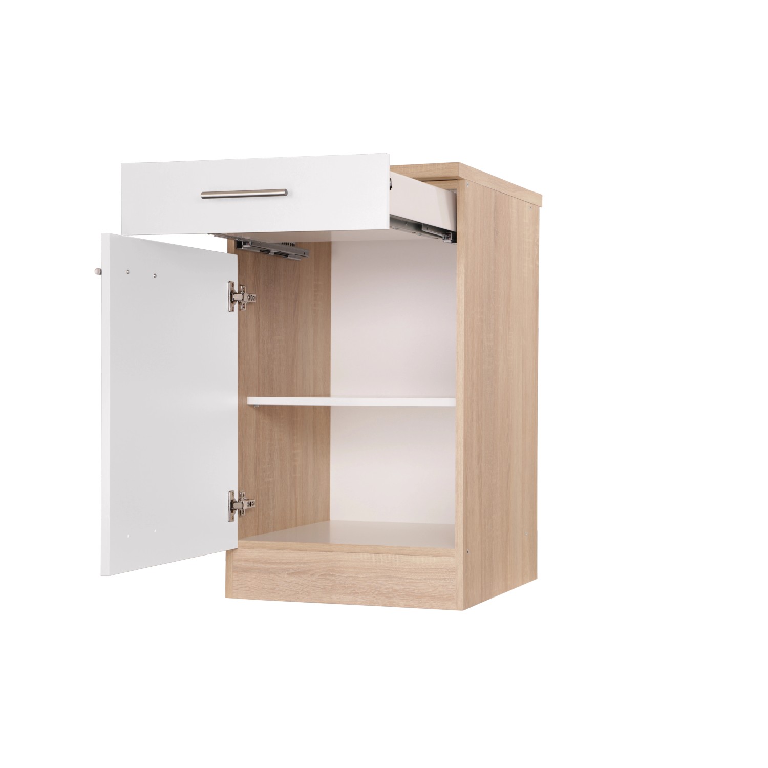 Respekta Unterschrank Merle, 50 cm, Weiß, mit Schublade und offener Tür. Küchenunterschrank mit Soft-Close.