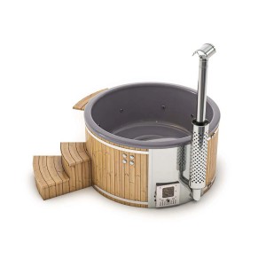 Finntherm Hot Tub Stockholm, cremeweiß, Ø 200 cm, mit Holzofen, Treppe und Minibar.