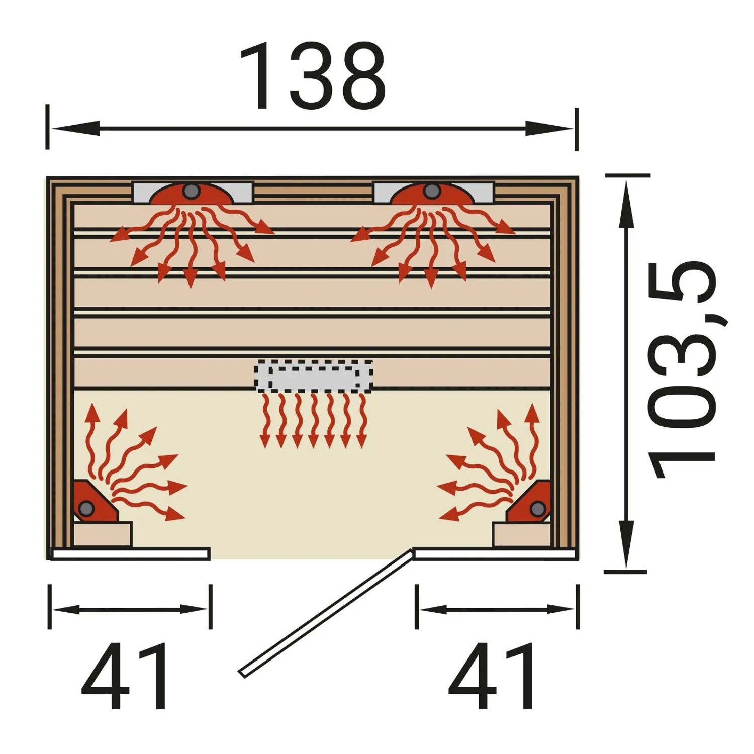 Grundriss der Weka Infrarotkabine Hamina 2 mit Maßen und Position der Linienstrahler.