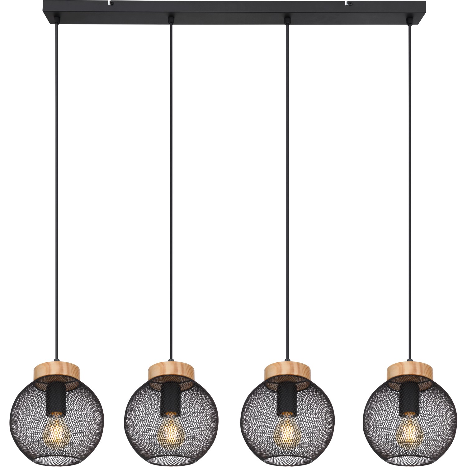 Globo Hängeleuchte Pablo, 4-flammig, schwarz matt, mit Holzdetails. Pendelleuchte für Wohnräume.