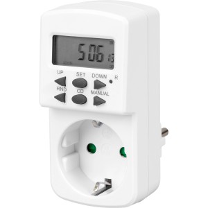 Digitale Wochenzeitschaltuhr in Weiß mit Display und Tasten zur Hausfunksteuerung.