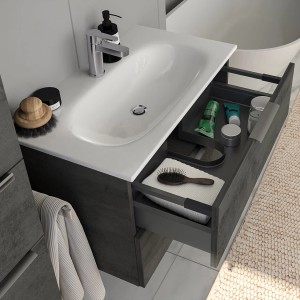 Steinkamp Waschtischunterschrank mit GROHE Essence Waschbecken, dunkelgrau, mit Auszügen.