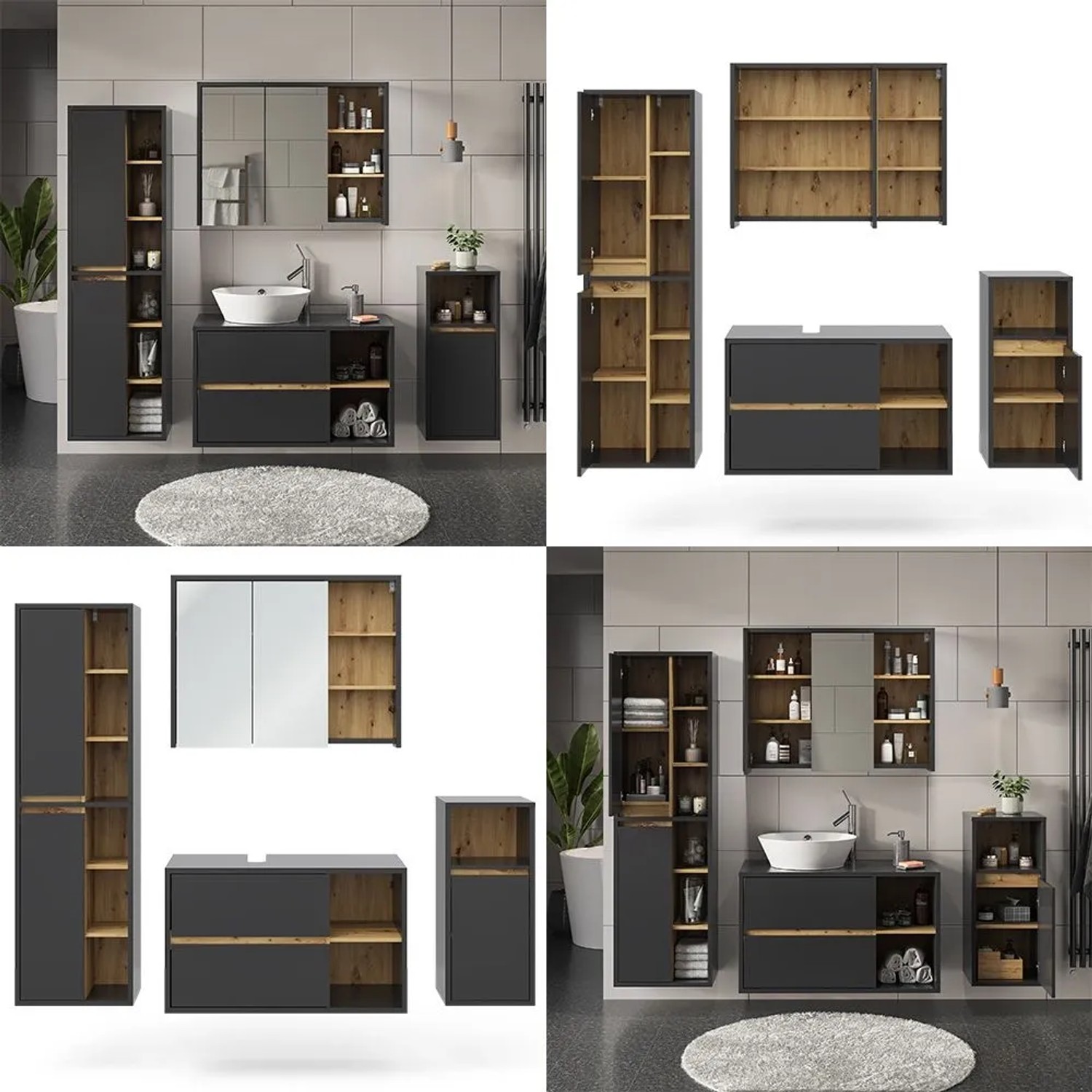 Modernes Vicco Badmöbel-Set Viola Anthrazit 4-teilig mit Holz-Look. Enthält Spiegelschrank, Waschtischunterschrank, Hochschrank, Midischrank.