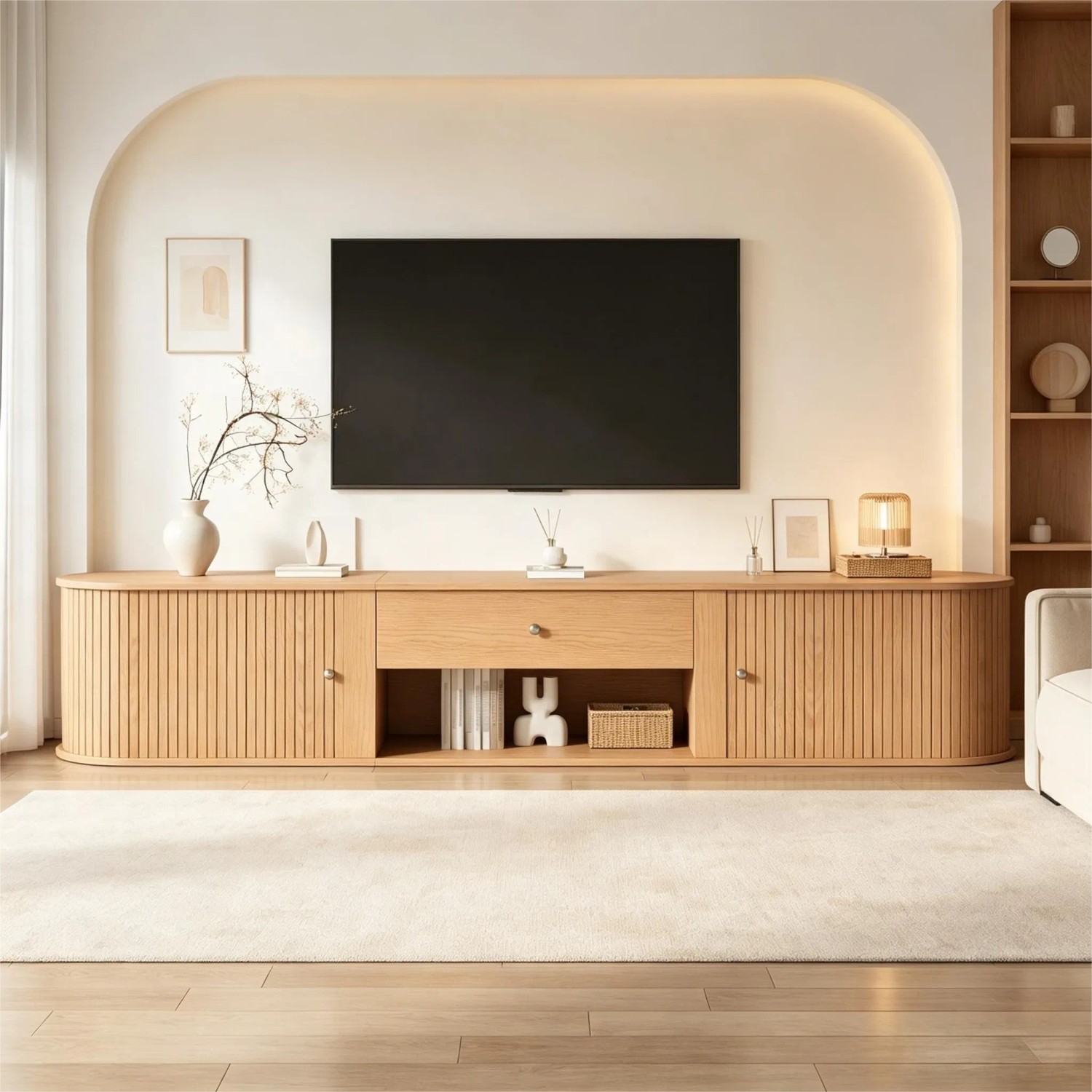 Merax TV Lowboard Runddesign Rollladentüren Schublade Für 75 Zoll TV