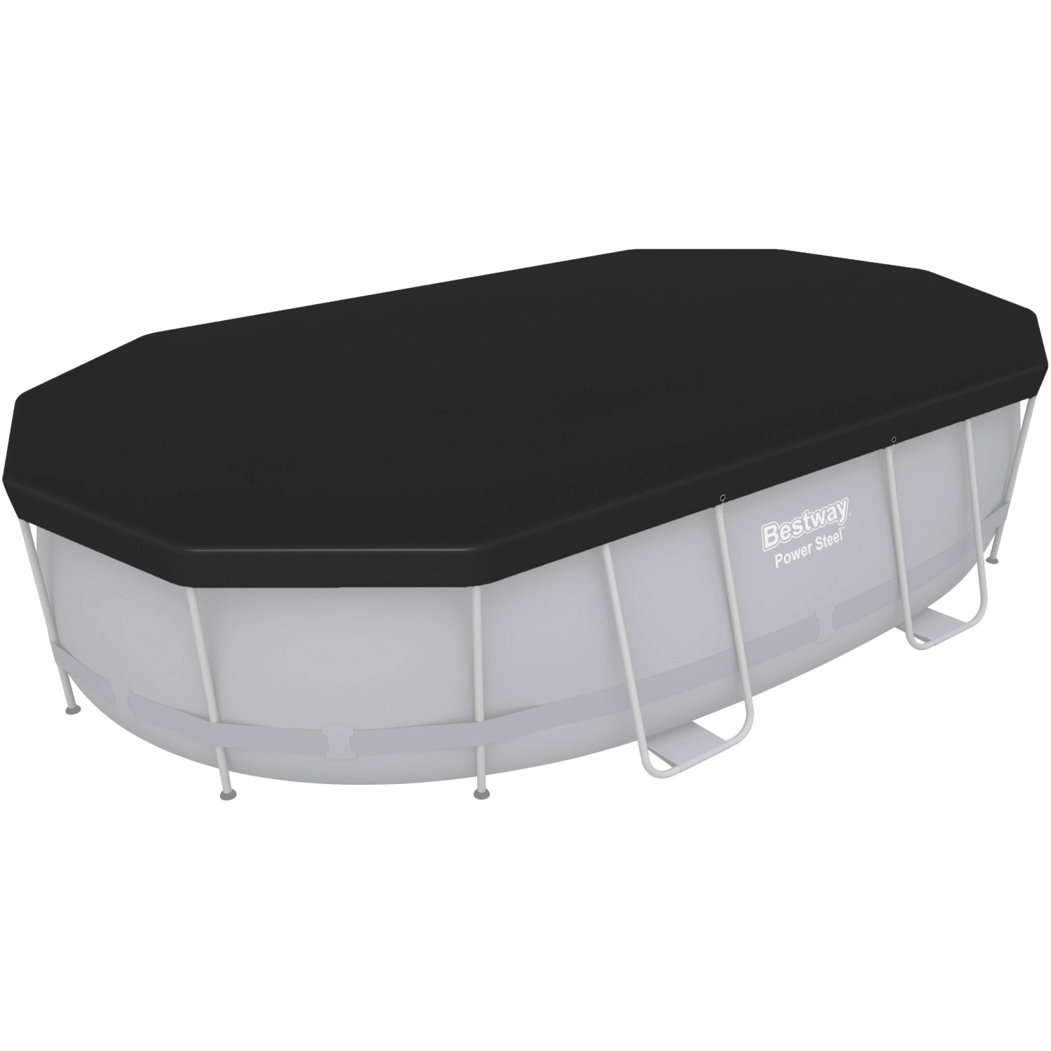 Bestway Frame Pool Power Steel, ovales Komplett-Set 488x305x107 cm, grau mit schwarzer Abdeckung.