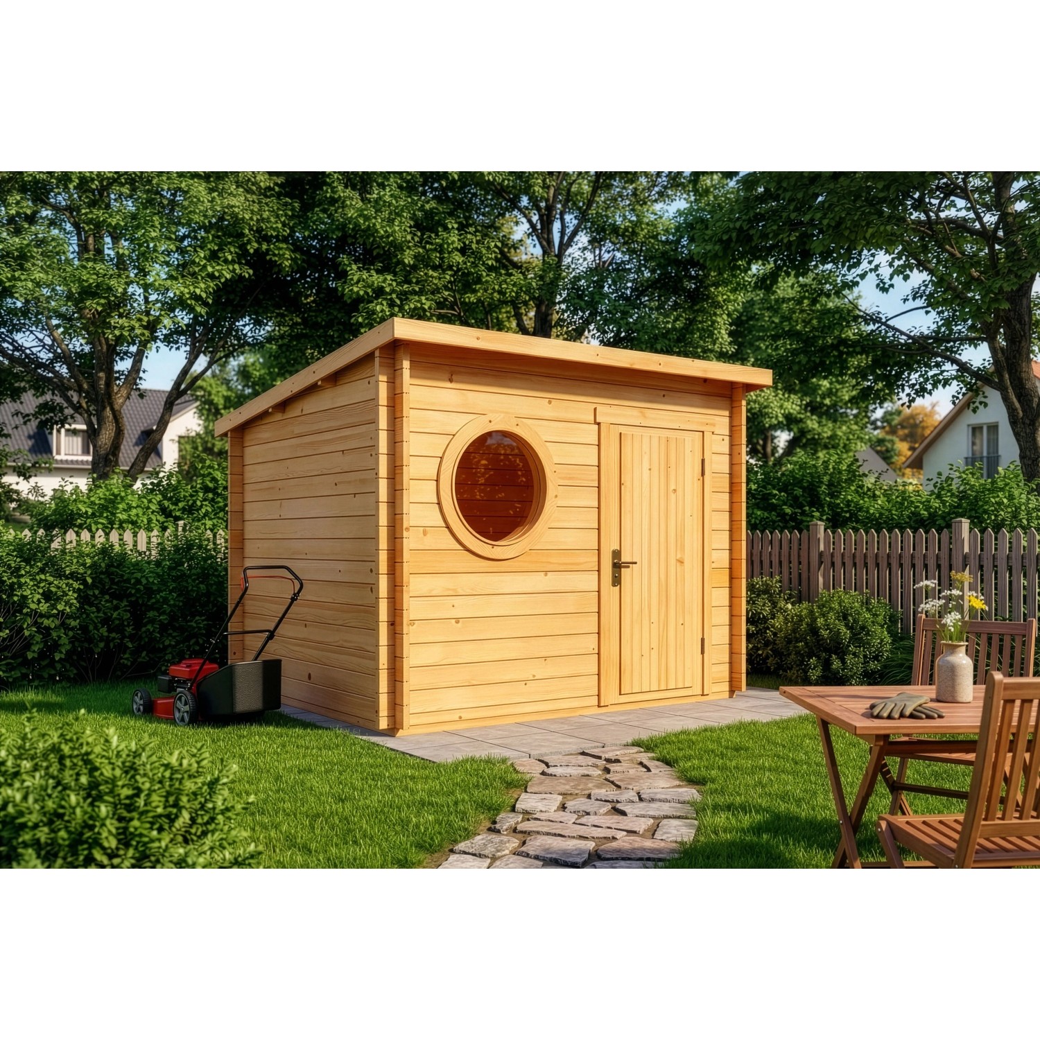 Alpholz Holz-Gartenhaus Maria Rondo A 300x270cm in Imprägniert Pinie 34mm Wandstärke