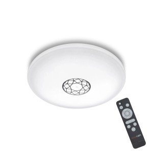 Weiße, runde LED-Deckenleuchte mit Glitzer-Diffusor und ornamentalem Muster, inklusive Fernbedienung, dimmbar.