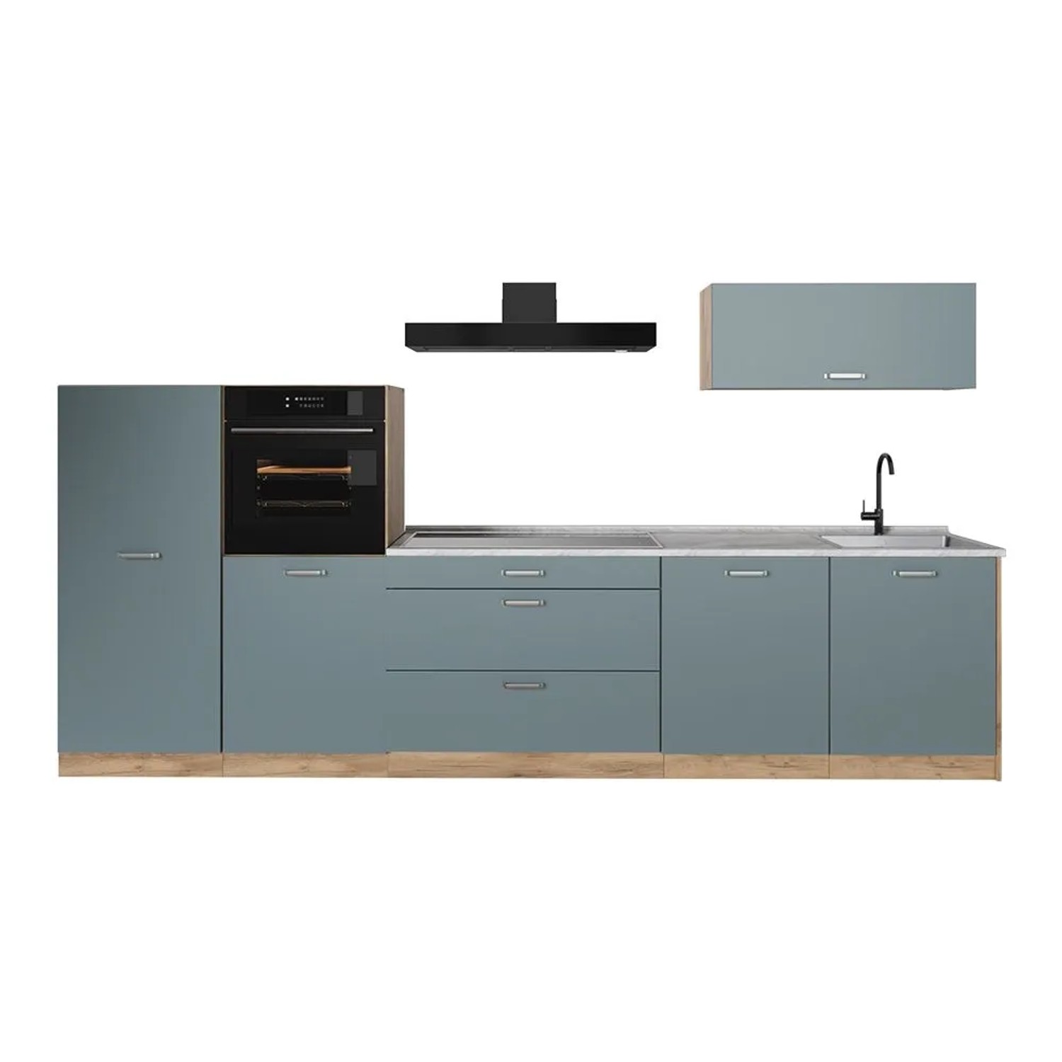 Vicco Küchenzeile R-Line Blau-Grau/Goldkraft Eiche 340 x 143 Arbeitsplatte Marmor Art Nr 67303