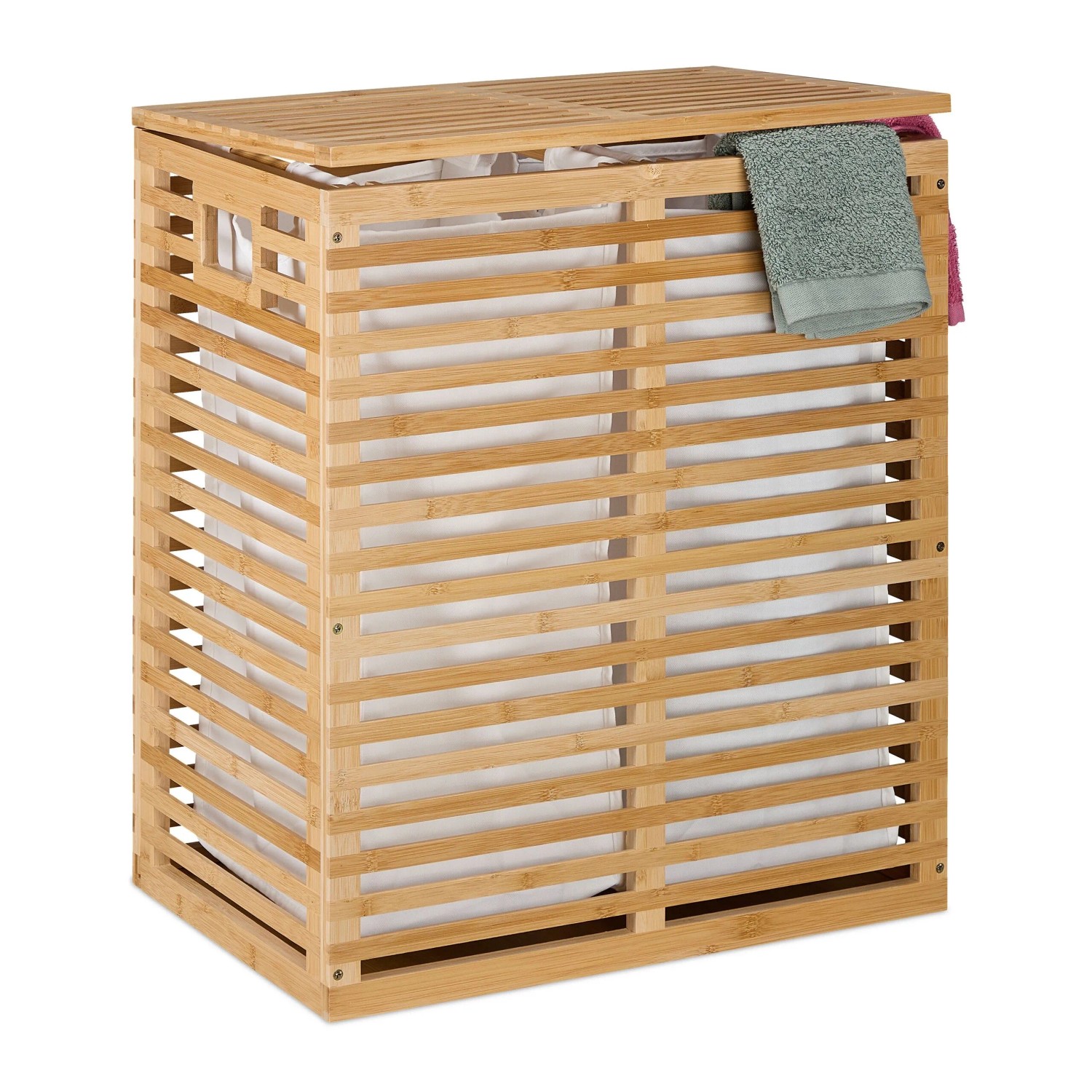 Relaxdays Wäschekorb Bambus Natur Beige mit 2 Säcken Deckel Freistehend 61 cm x 53 cm x 35 cm 5,3 kg