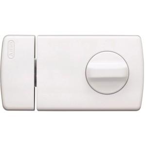 Weißes Abus Tür-Zusatzschloss 2110 mit Drehknauf für Innentüren.