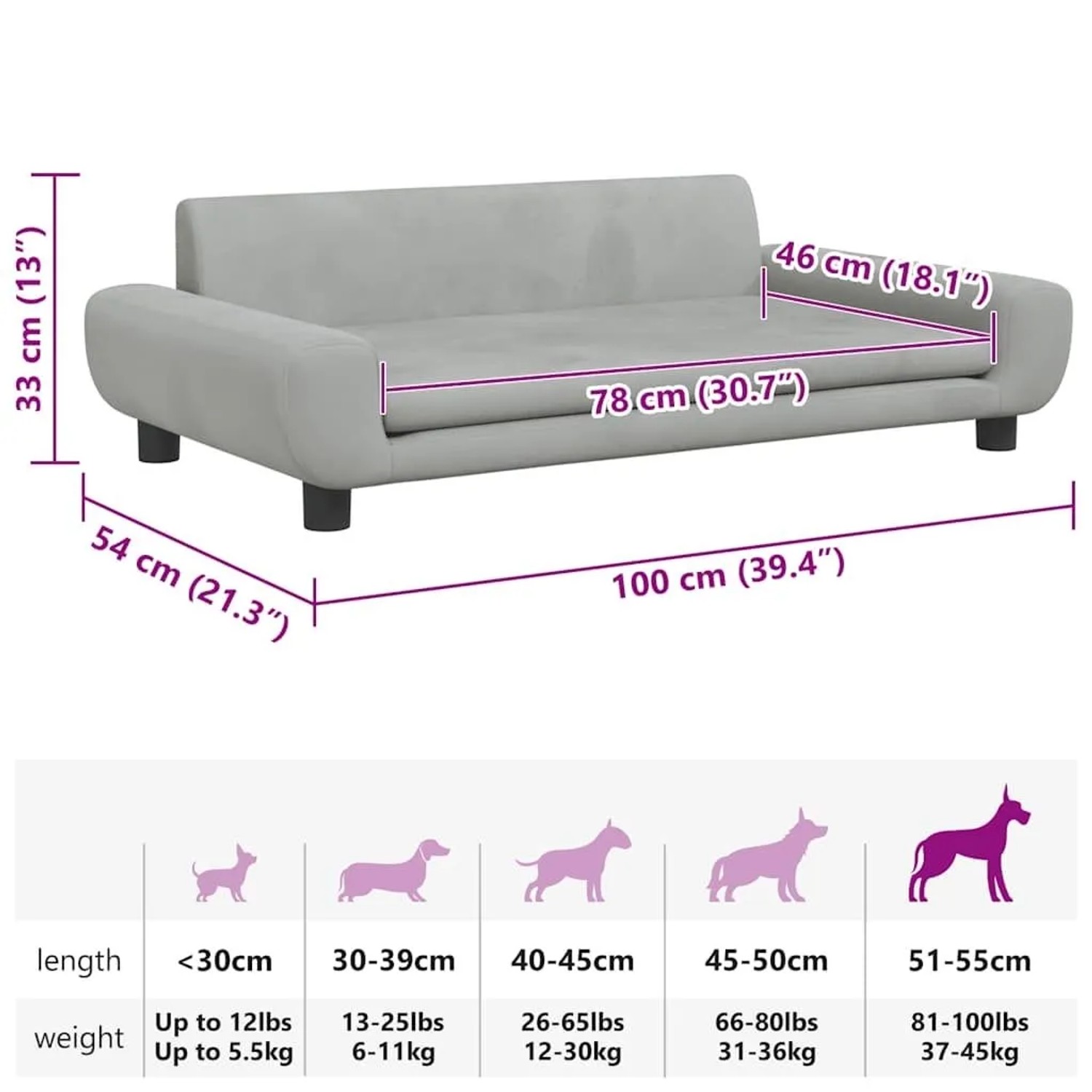 Hellgraues Samt Hundebett 100x54x33 cm mit Maßen und Größentabelle für Hunde. Komfortables Hundesofa.