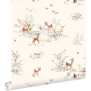 ESTAhome Tapete mit Hirschen in Crème-Beige, 50x900cm, für Kinderzimmer. Dekorative Vliestapete mit Tiermotiv.