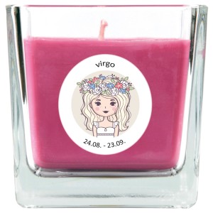 HS Candle Duftkerze Jungfrau im Glas, rosa. Stumpenkerze mit Sternzeichen-Motiv.