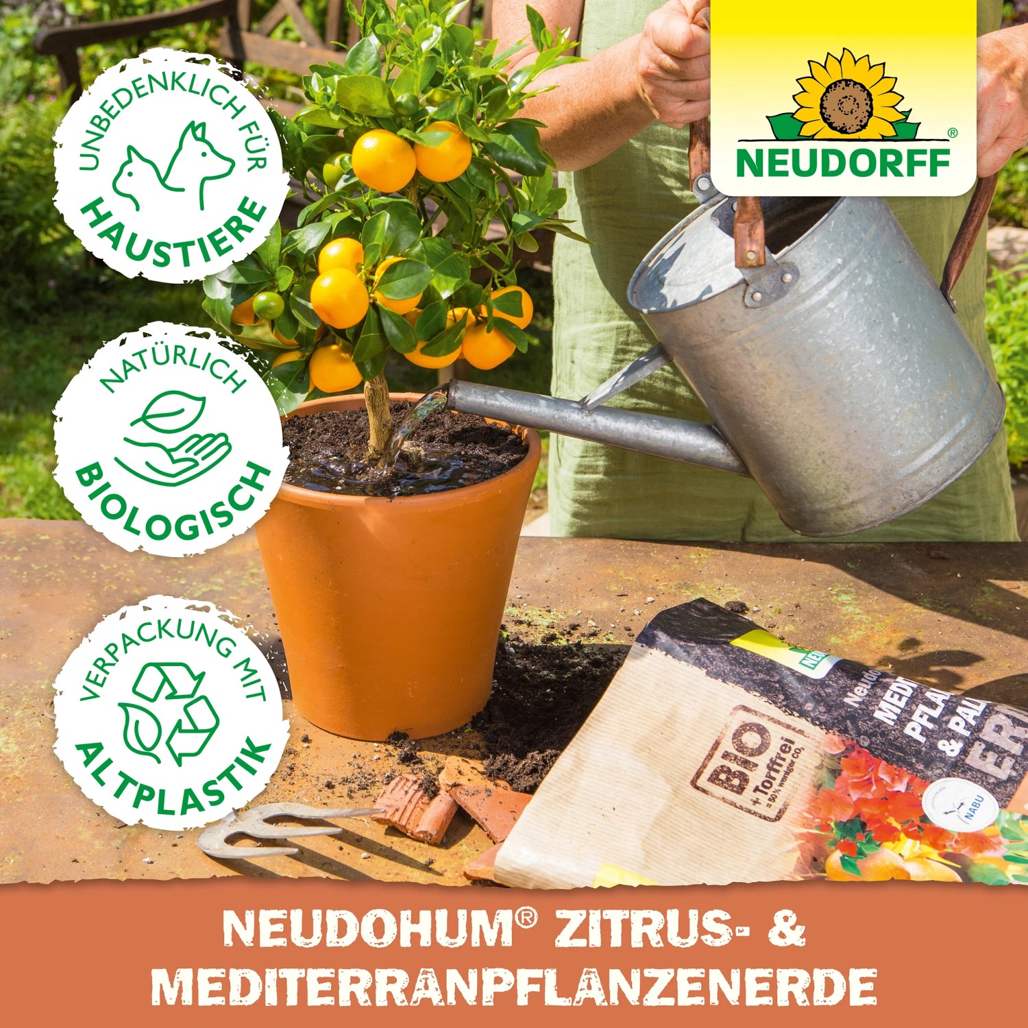 Neudorff Zitrus- und Mediterranpflanzenerde Neudohum 20 l mit Zitruspflanze und Gießkanne.