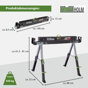TRUTZHOLM Sägebock Deluxe, höhenverstellbar, klappbar, Traglast 650kg, Stahl, Arbeitsbock