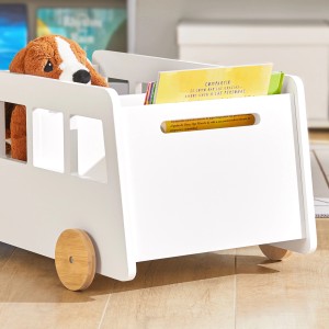 Weißes SoBuy Kinderregal KMB41-W mit zwei Ablagen und Rädern für Spielzeug und Bücher.