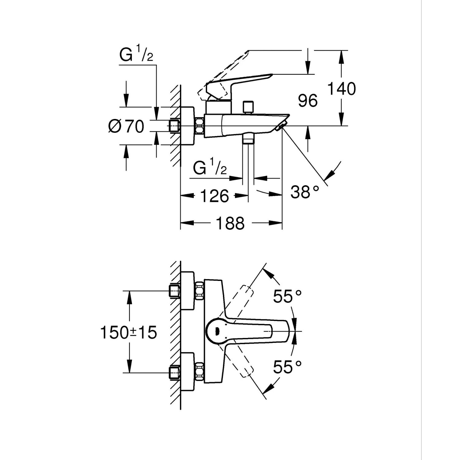 Technische Zeichnung der Grohe QuickFix Badewannenarmatur Start für Wandmontage mit Maßangaben.