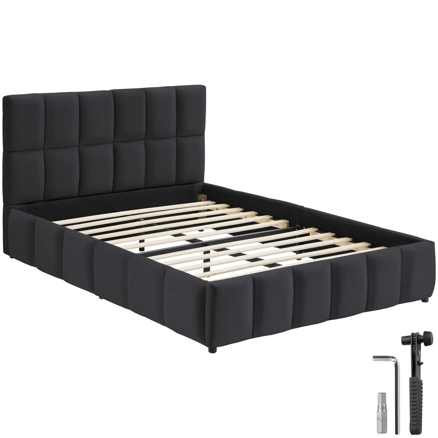 Tectake Polsterbett Shirley Samtbezug Mit Steppmuster Integrierter Lattenrost 120 x 200 cm 220 x 133 x 93 cm Samtoptik Schwarz