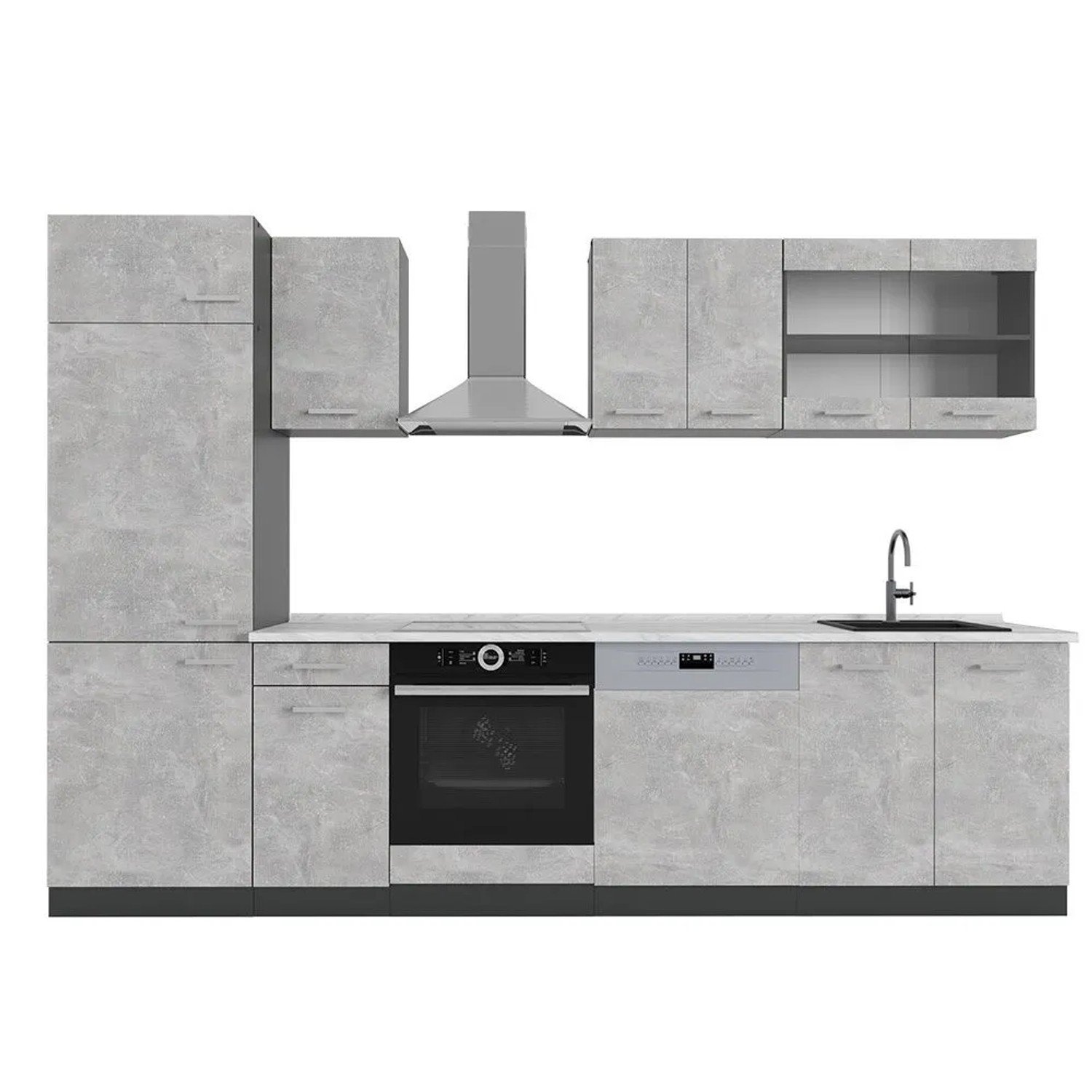 Vicco R-Line Küchenzeile Beton Anthrazit 300 cm AP Marmor ohne E-Geräte