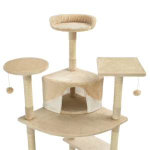 Beiger Katzenkratzbaum mit Sisal, Häusern und Liegeflächen für Katzen zum Spielen und Ausruhen.