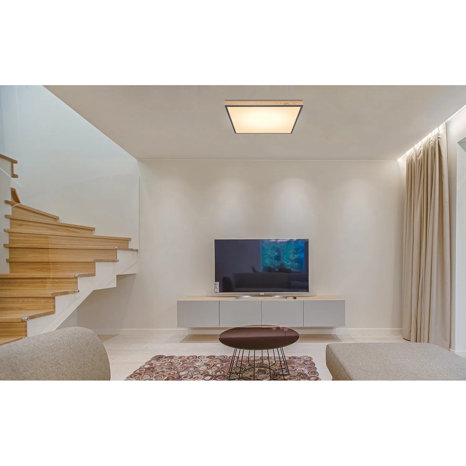Globo LED-Deckenleuchte Doro, Holz/Graphit, 59x59cm, quadratisch, warmweißes Licht.