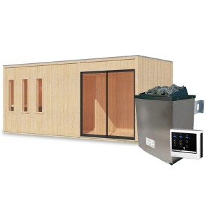 Karibu Saunahaus Huelva mit 9 kW Ofen, naturbelassen. Inklusive Vorraum und Ofen.