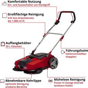 Einhell Akku-Kehrmaschine TE-SW 18/610 Li Solo: Rot-schwarze Kehrmaschine für Hof und Gehweg.