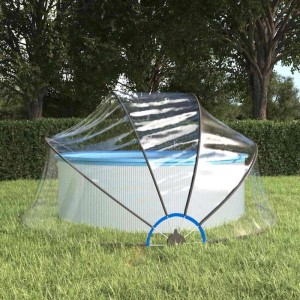 Transparente vidaXL Pool-Kuppel aus PVC über einem runden Aufstellpool auf grünem Rasen. Ideale Pool-Abdeckung.