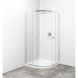 Viertelkreis Duschkabine 90x90cm aus transparentem Sicherheitsglas mit Chromrahmen und Schiebetüren im Bad.