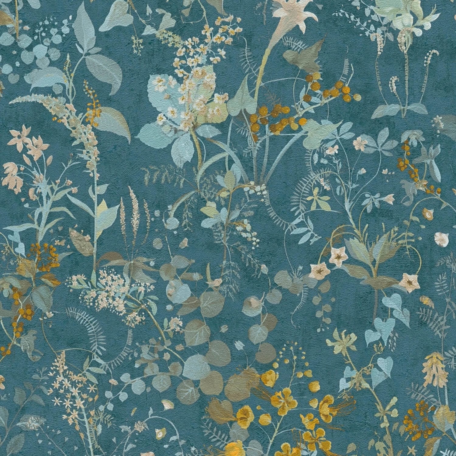 Blau-petrolfarbene PROFHOME Vliestapete mit Blumenmuster in Gelb und Grün.