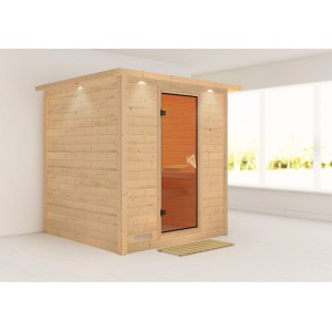 Karibu Sauna Marika mit LED-Dachkranz aus naturbelassener Fichte und Bronzetür.