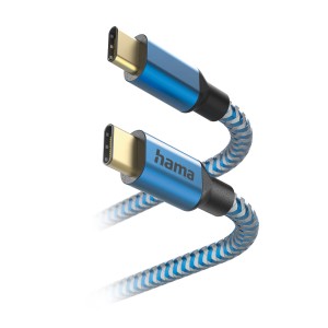 Blaues Hama Ladekabel Reflective USB-C, 1,5 m, mit Nylon-Ummantelung und vergoldeten Steckern.