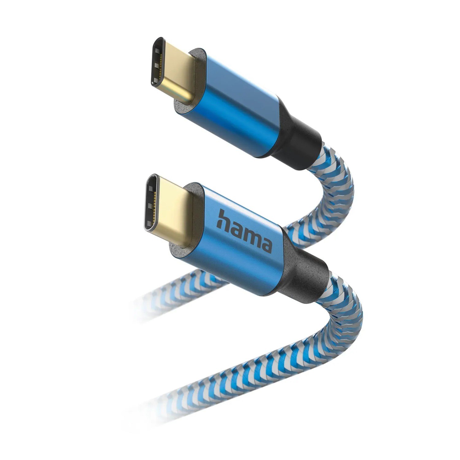Blaues Hama Ladekabel Reflective USB-C, 1,5 m, mit Nylon-Ummantelung und vergoldeten Steckern.