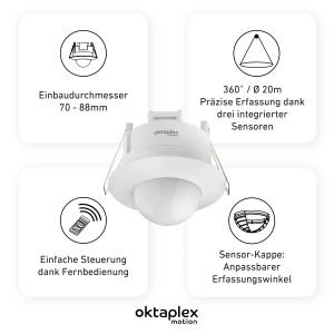 Oktaplex Sam Bewegungsmelder 360° Unterputz, weiß, mit Fernbedienung. PIR Sensor für Lampen & Leuchten.