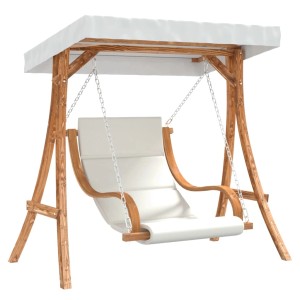 vidaXL Hollywoodschaukel mit creme Auflage und Dach, Holzgestell mit Teak-Finish.