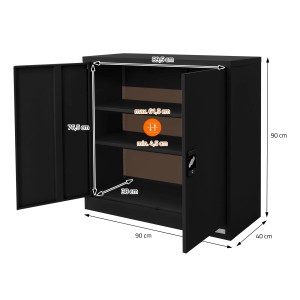 Schwarzer ML-Design Aktenschrank aus Stahl, 90x40x90 cm, mit offenen Türen und Maßen.